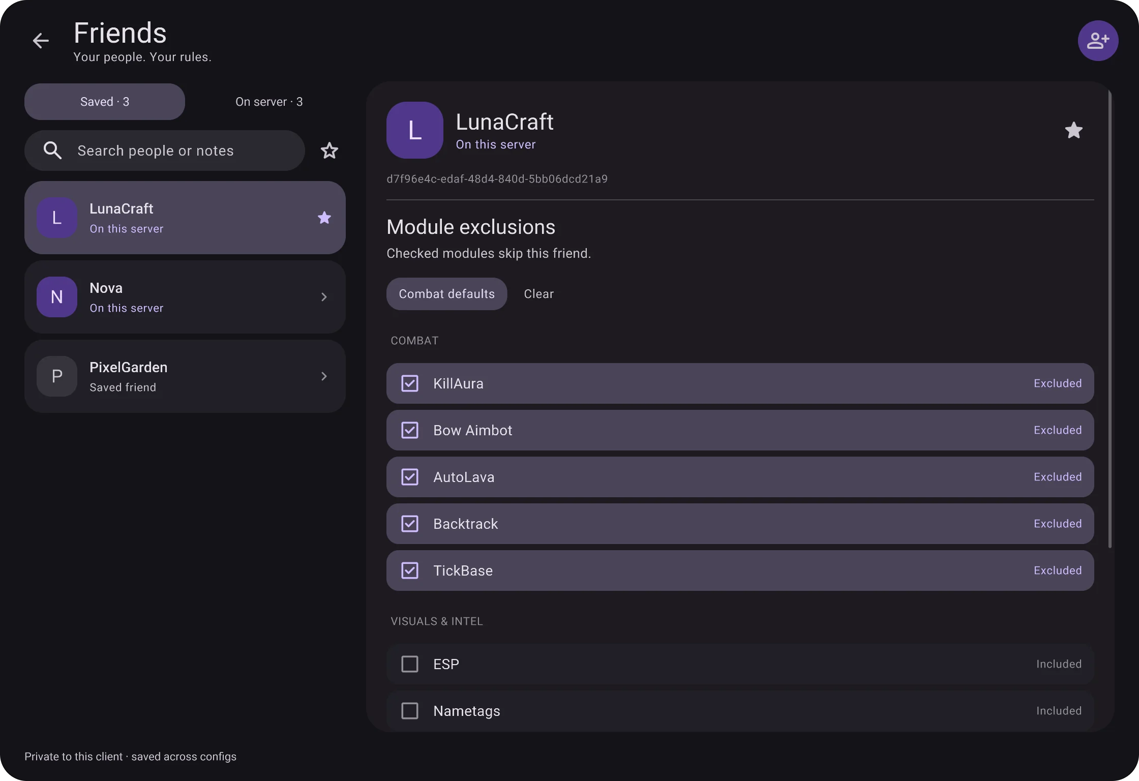The friends list: a friend with KillAura, Bow Aimbot, AutoLava, Backtrack and TickBase excluded.