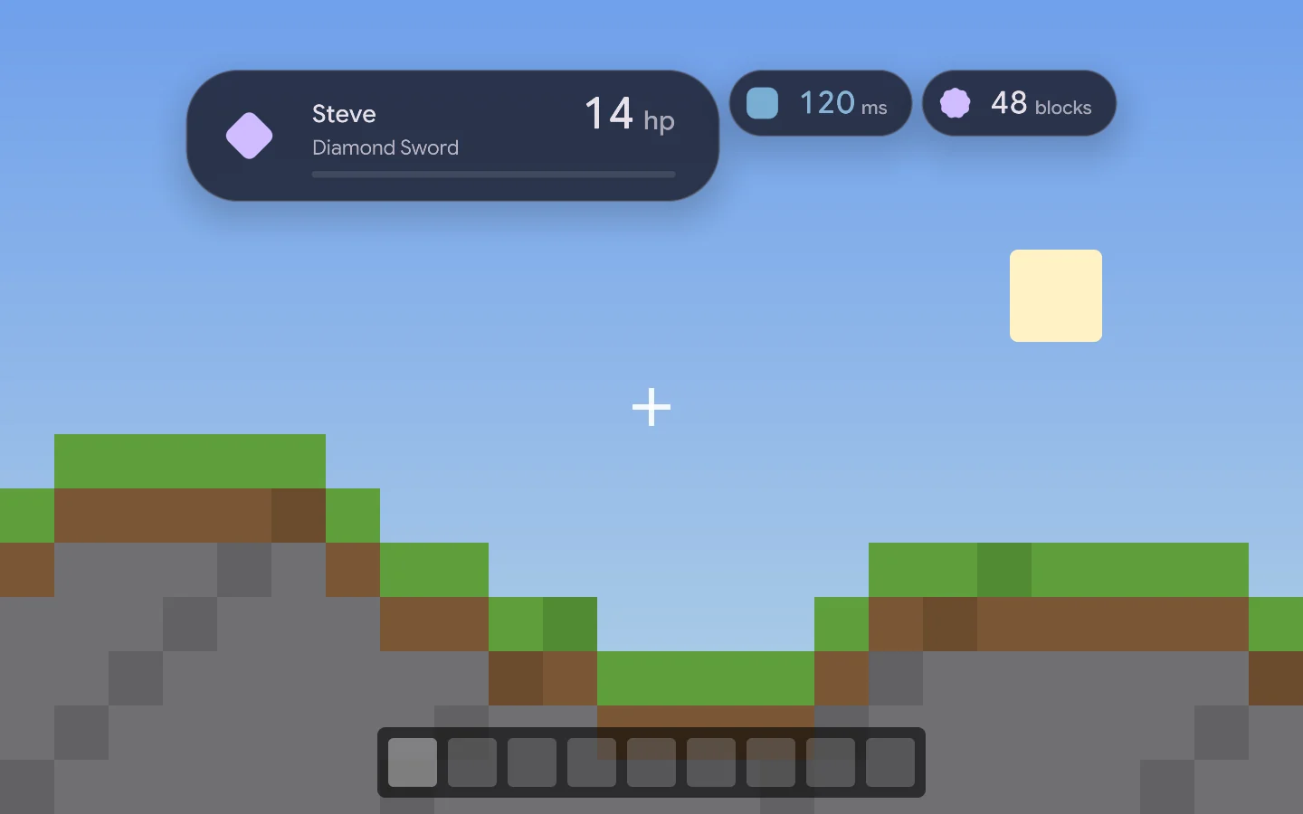 The status island over a Minecraft scene: a card for KillAura’s target Steve with 14 health, next to Backtrack at 120 ms and Scaffold with 48 blocks.