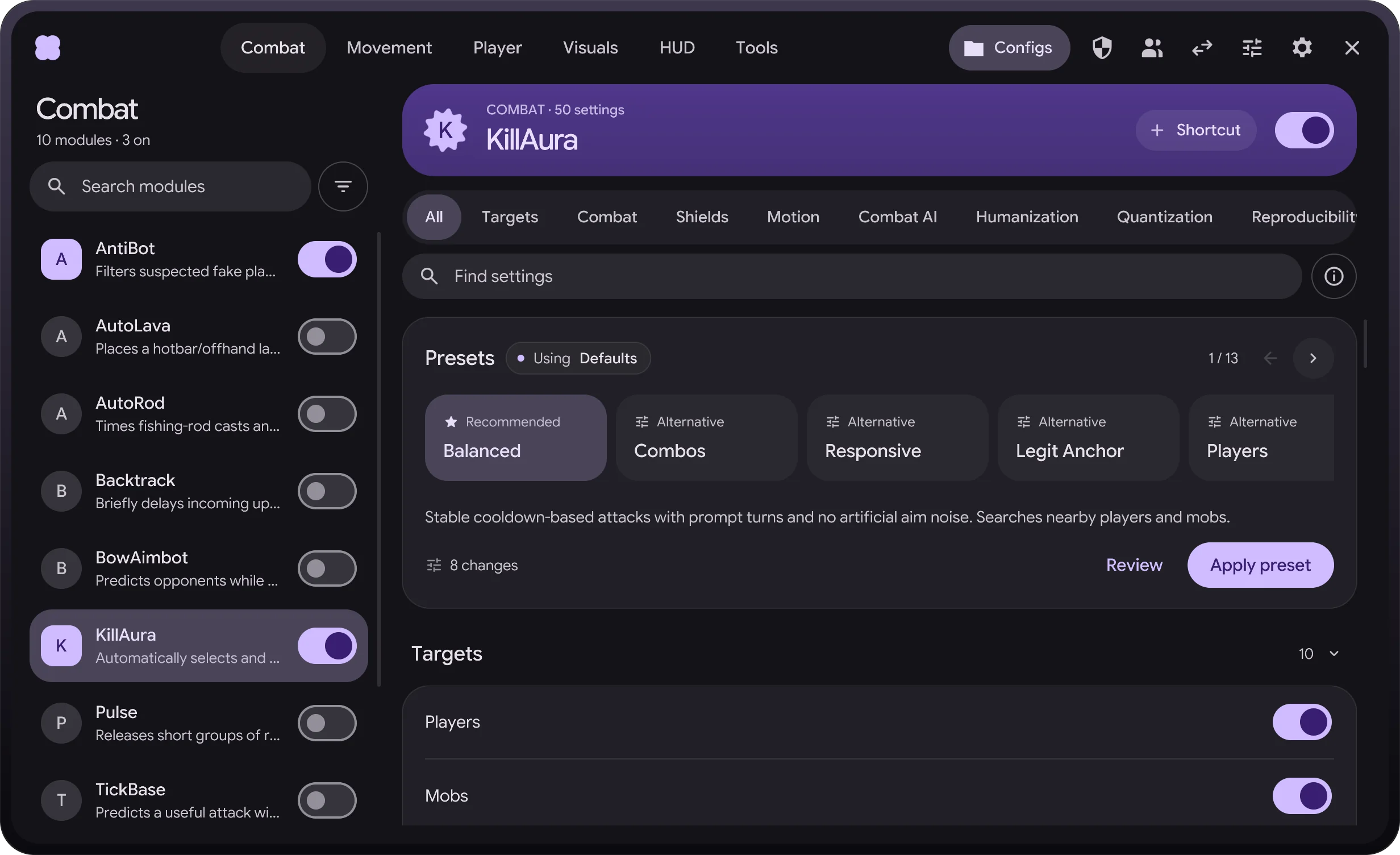 The ClickGUI: the Combat category with KillAura open, its presets from Balanced to Legit Anchor and the first target settings.