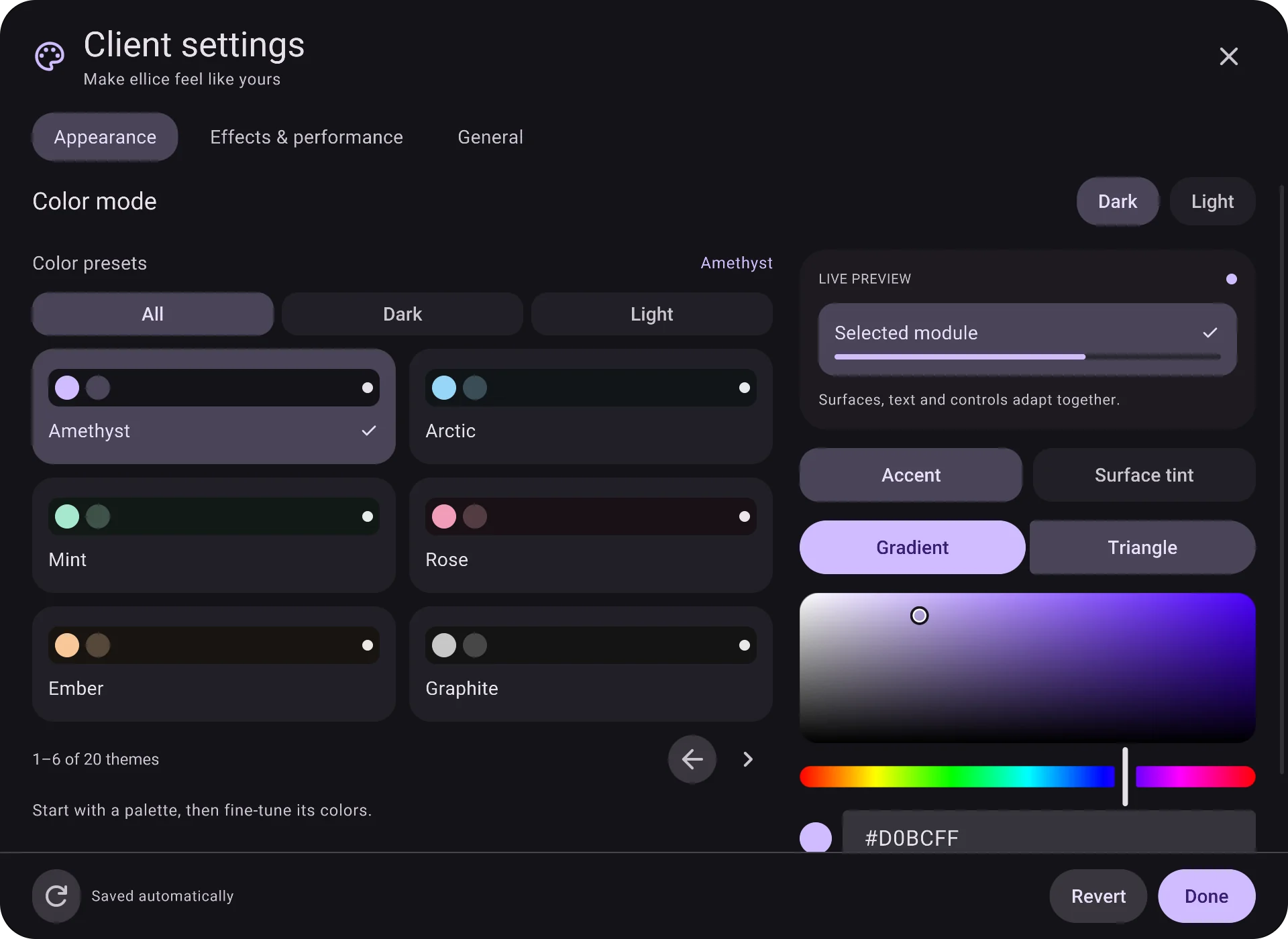 Client settings: colour presets Amethyst, Arctic, Mint, Rose, Ember and Graphite, a live preview and an accent colour picker.