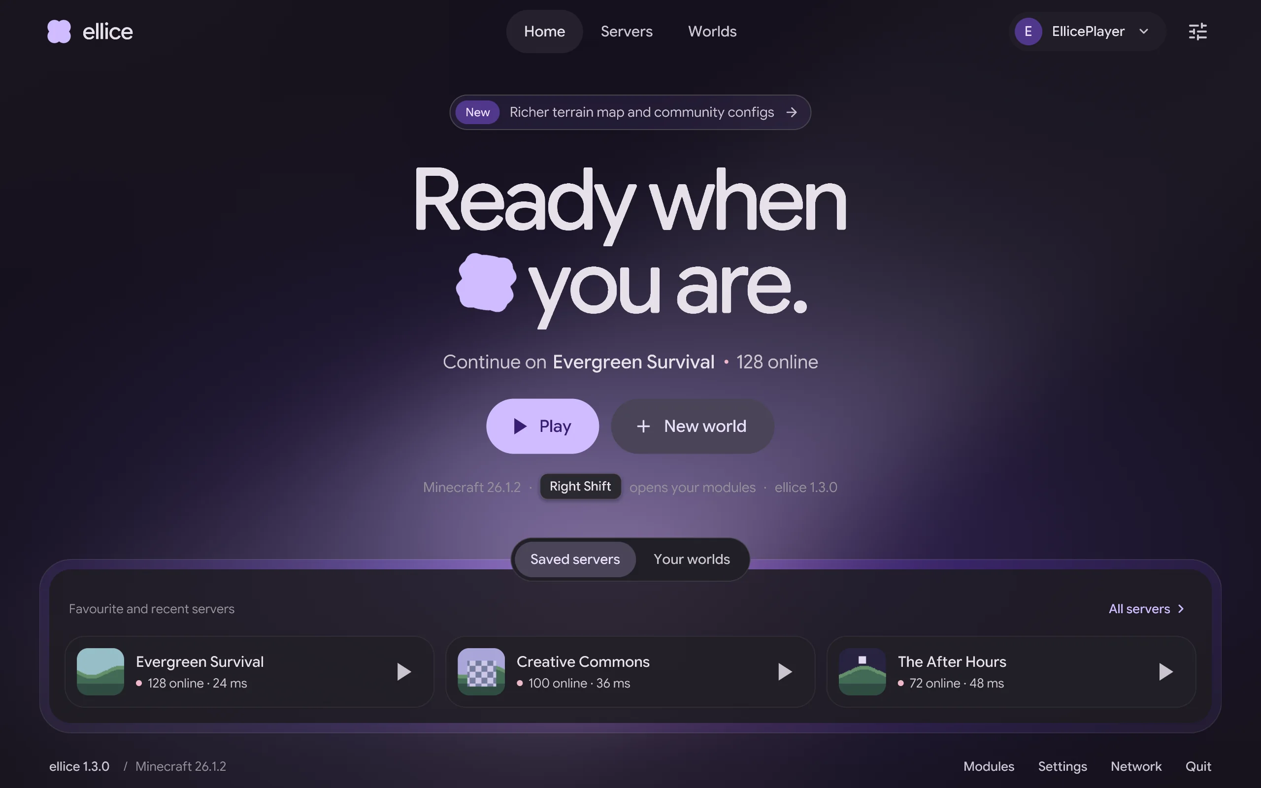 The ellice main menu: the headline “Ready when you are.”, a Play button for the last server and favourite servers below.