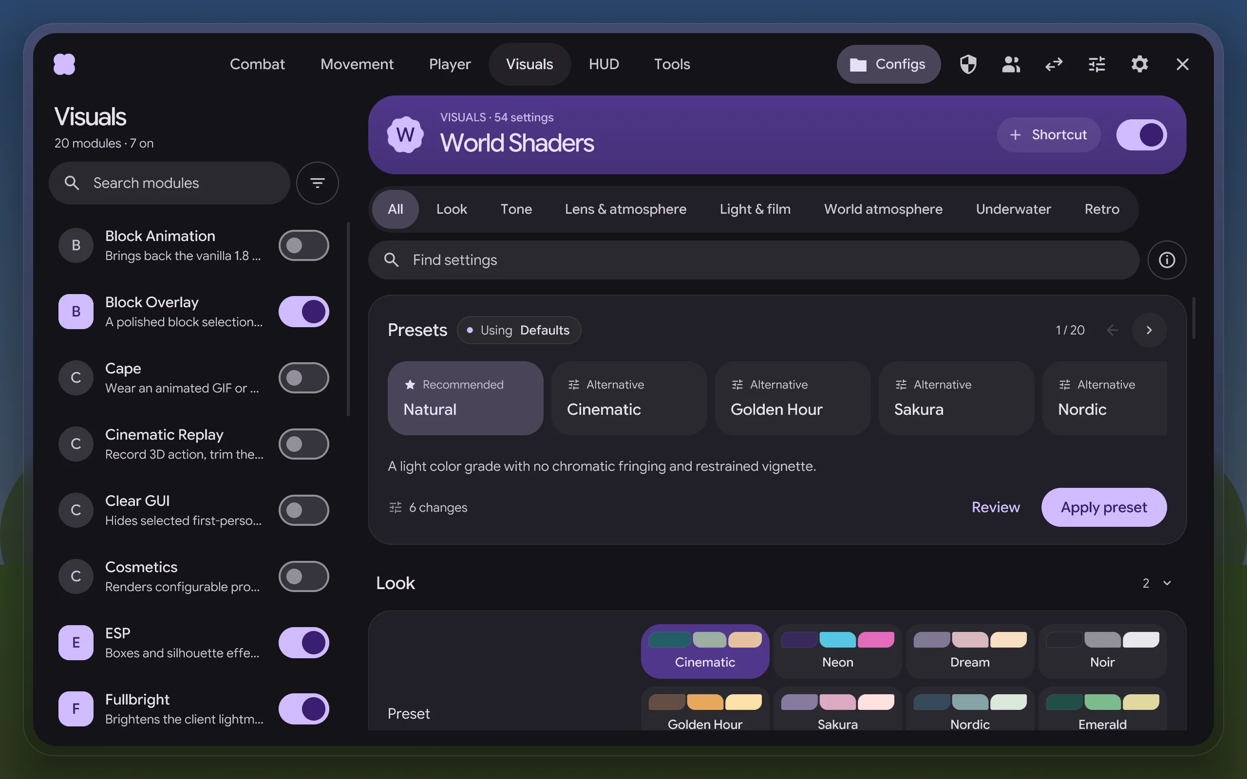 The ClickGUI over the game: the Visuals category with its modules and switches, and World Shaders open with its colour-grade presets.