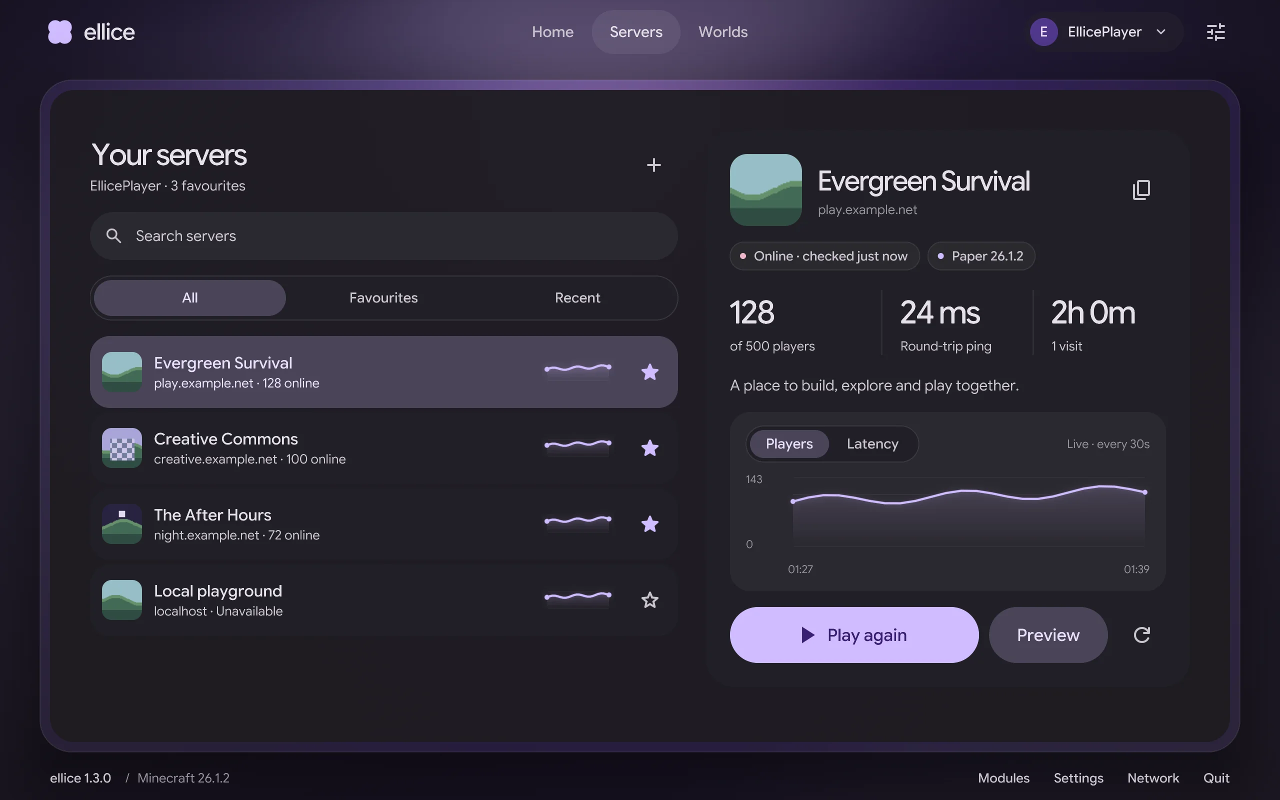 The server hub: favourite servers with player graphs and an inspector showing players online, ping and a live player chart.