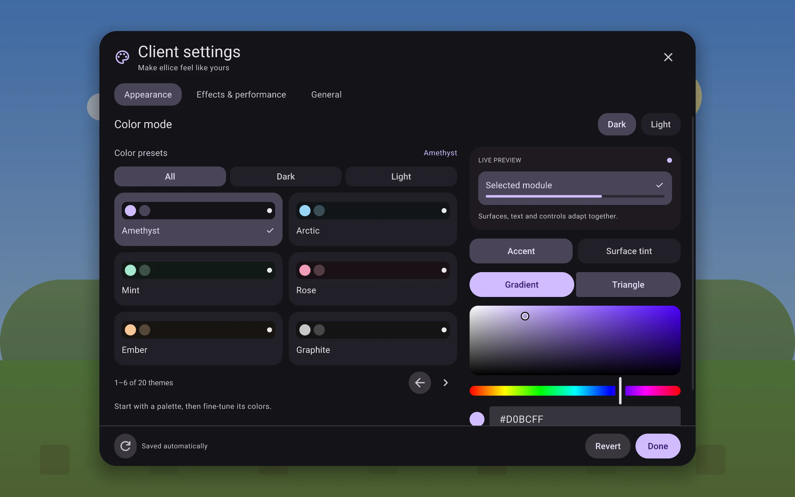 Client settings: colour presets such as Amethyst, Arctic and Mint, with a live preview and an accent colour picker.